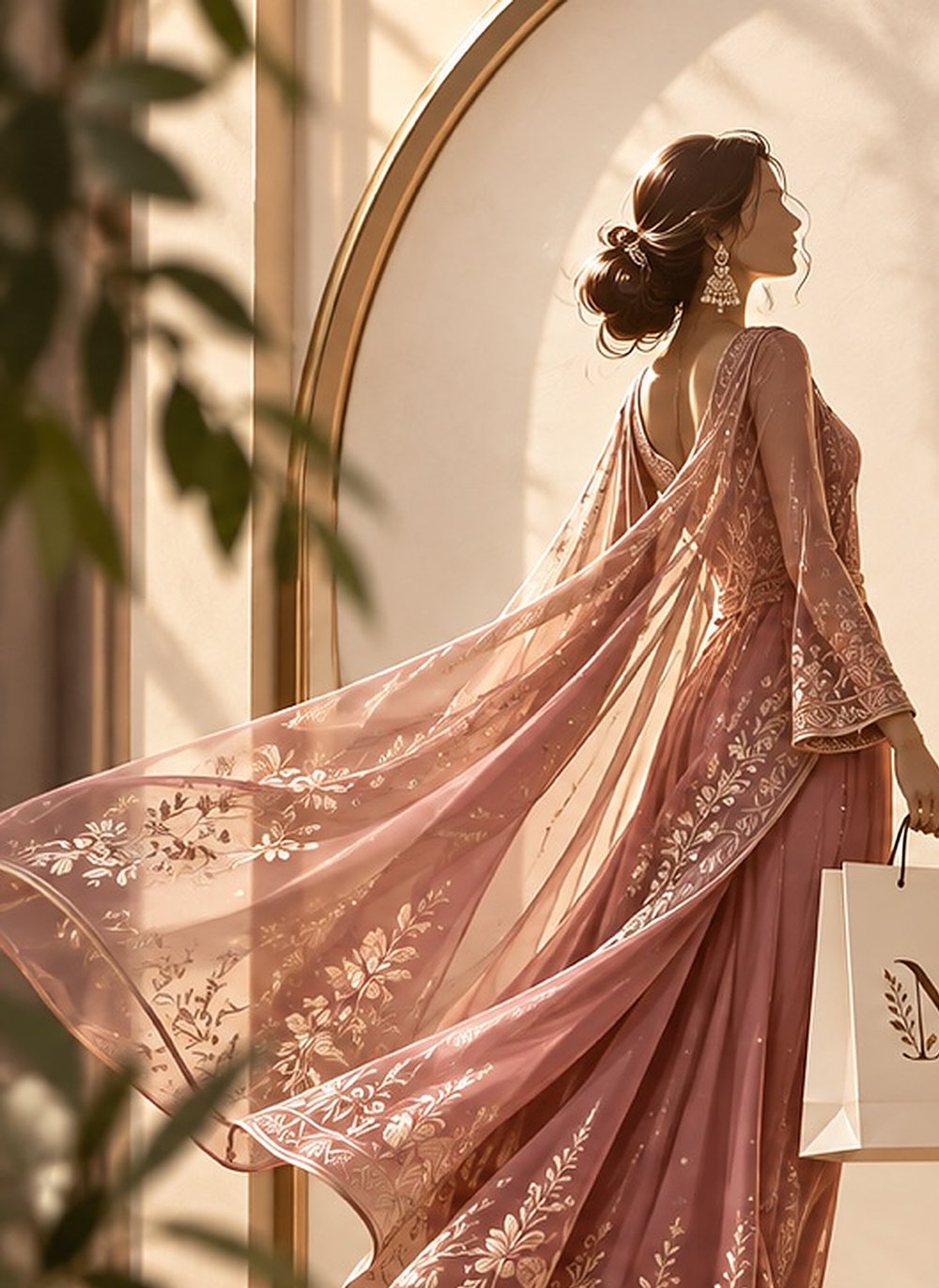 A woman in a flowing blush-rose embroidered suit walks through a sunlit arch carrying a Nazraana bag