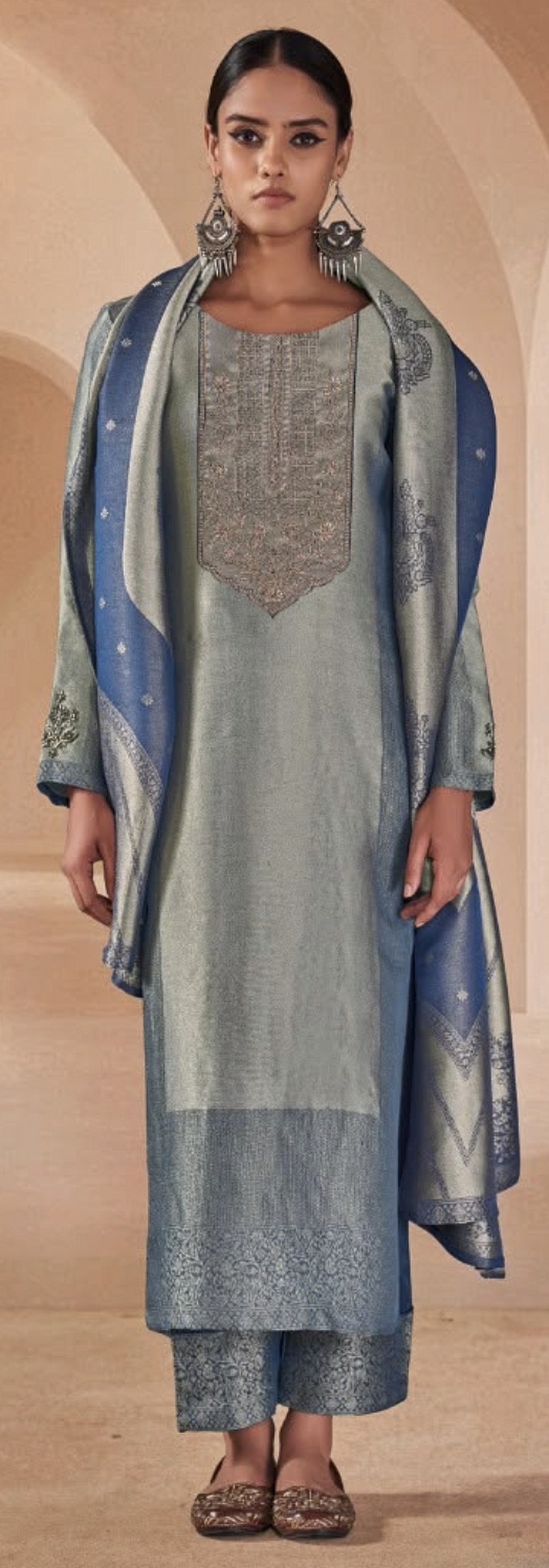 Blue-grey woven brocade suit with an embroidered yoke