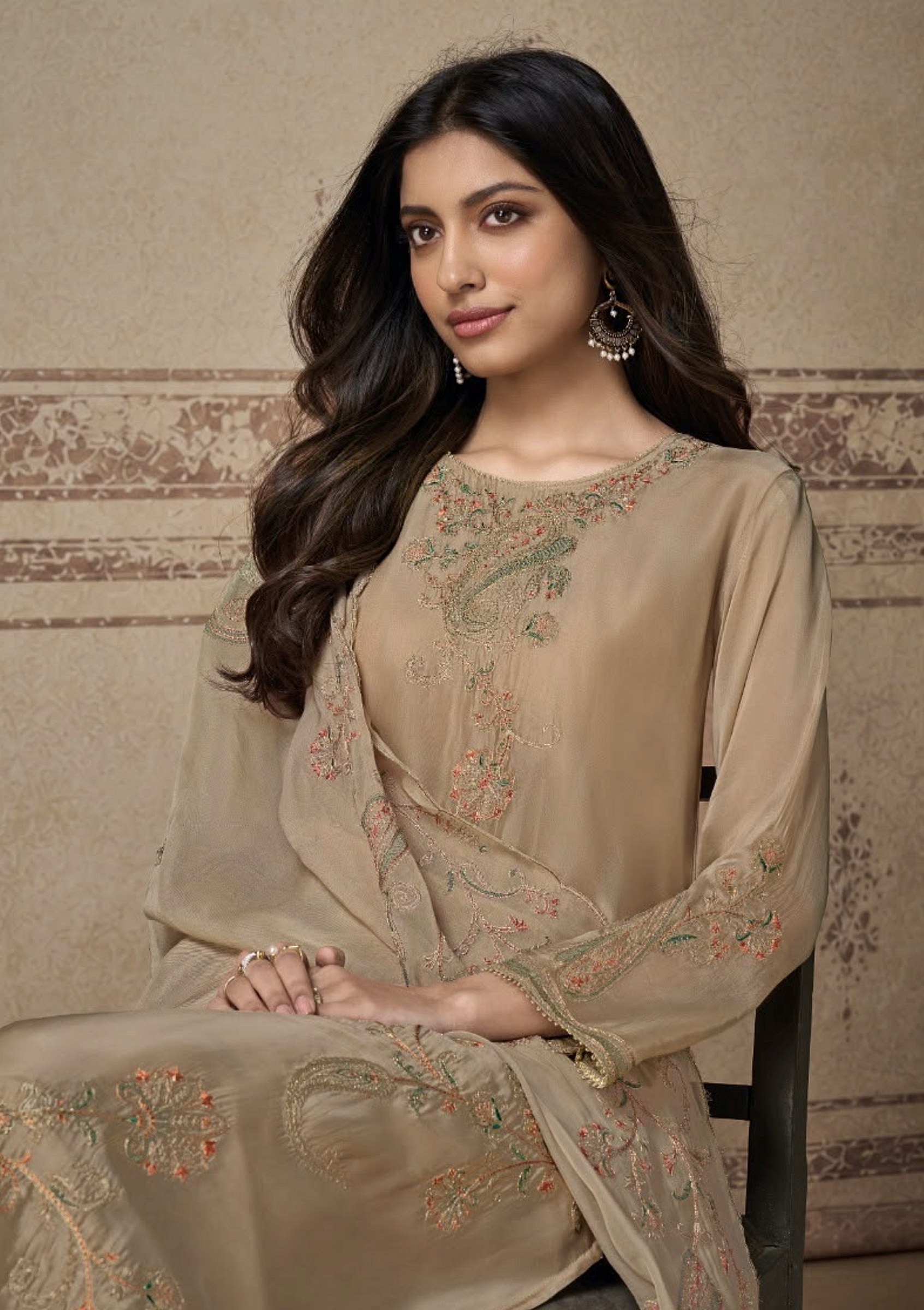 Champagne silk suit with paisley and floral embroidery