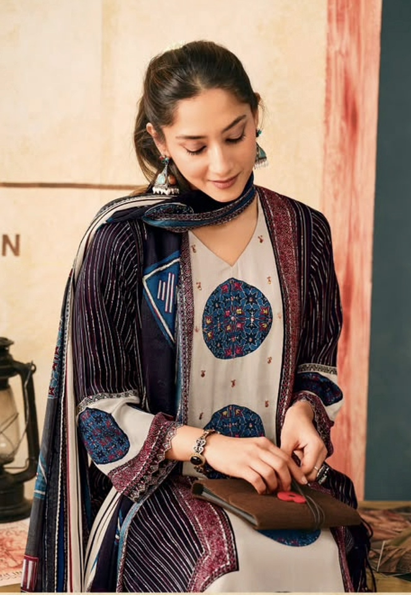 Ivory kurta with indigo block-print motifs and a striped dupatta