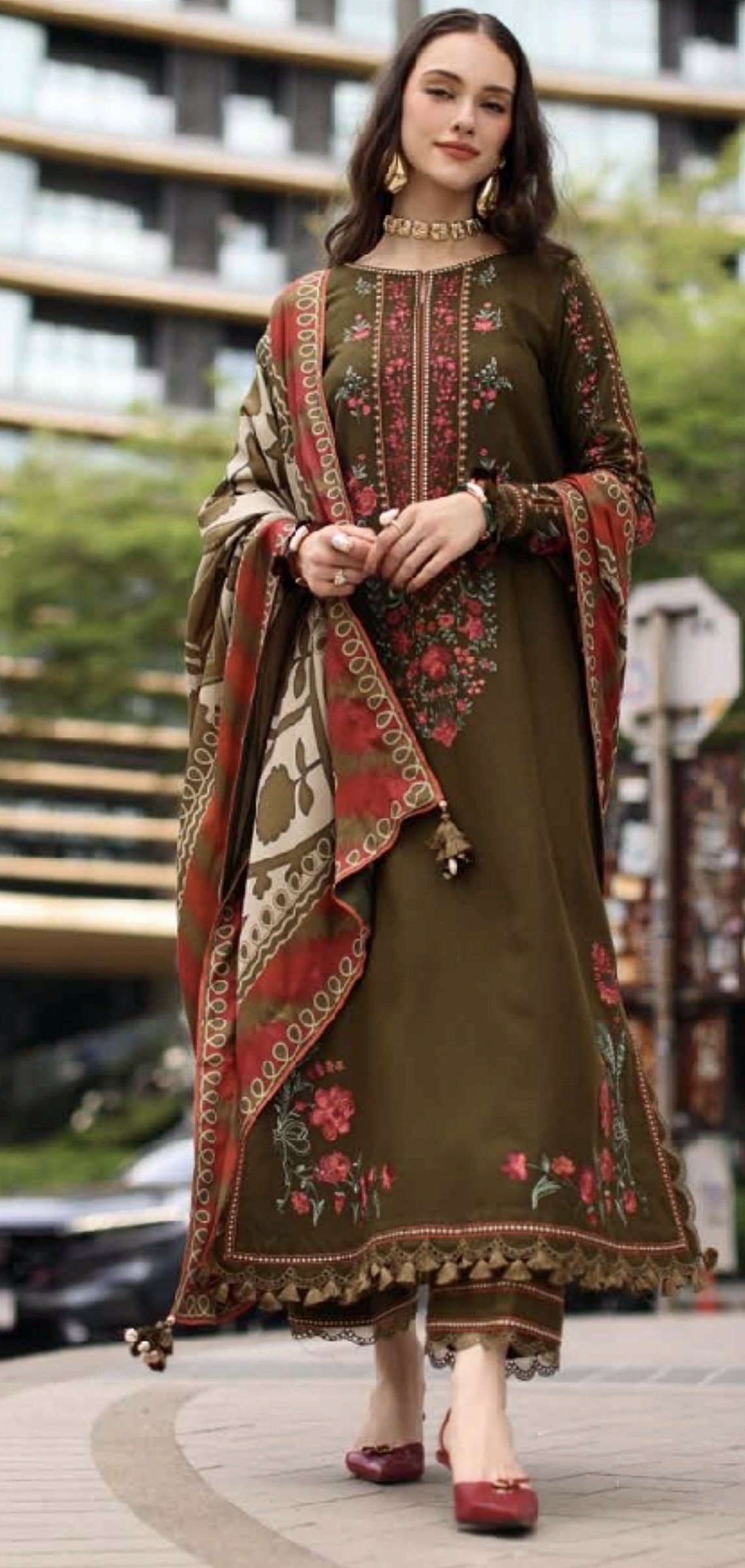 Olive suit with rose floral embroidery and a printed dupatta
