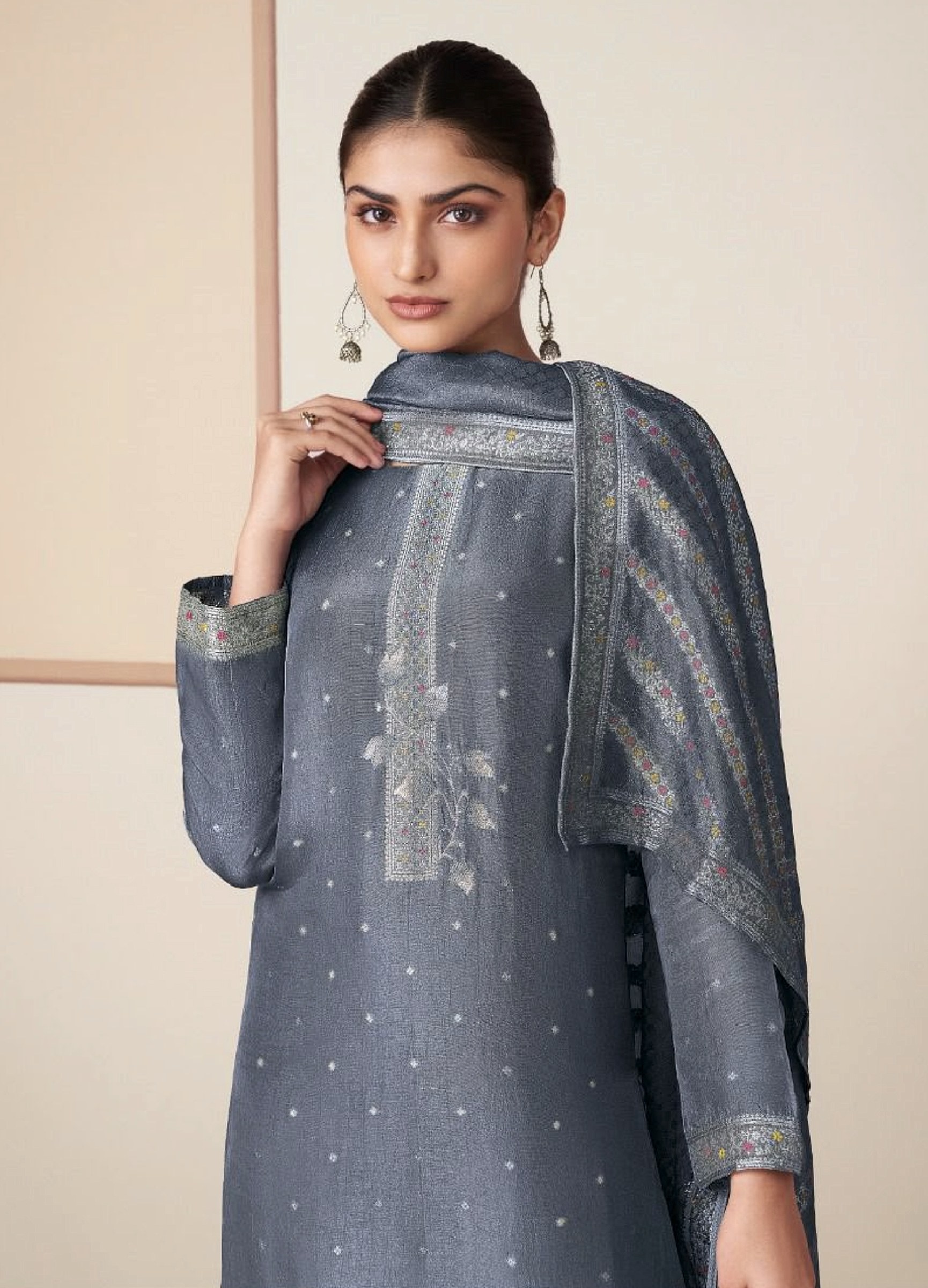 Slate-grey jacquard suit with a zari-bordered dupatta, close view