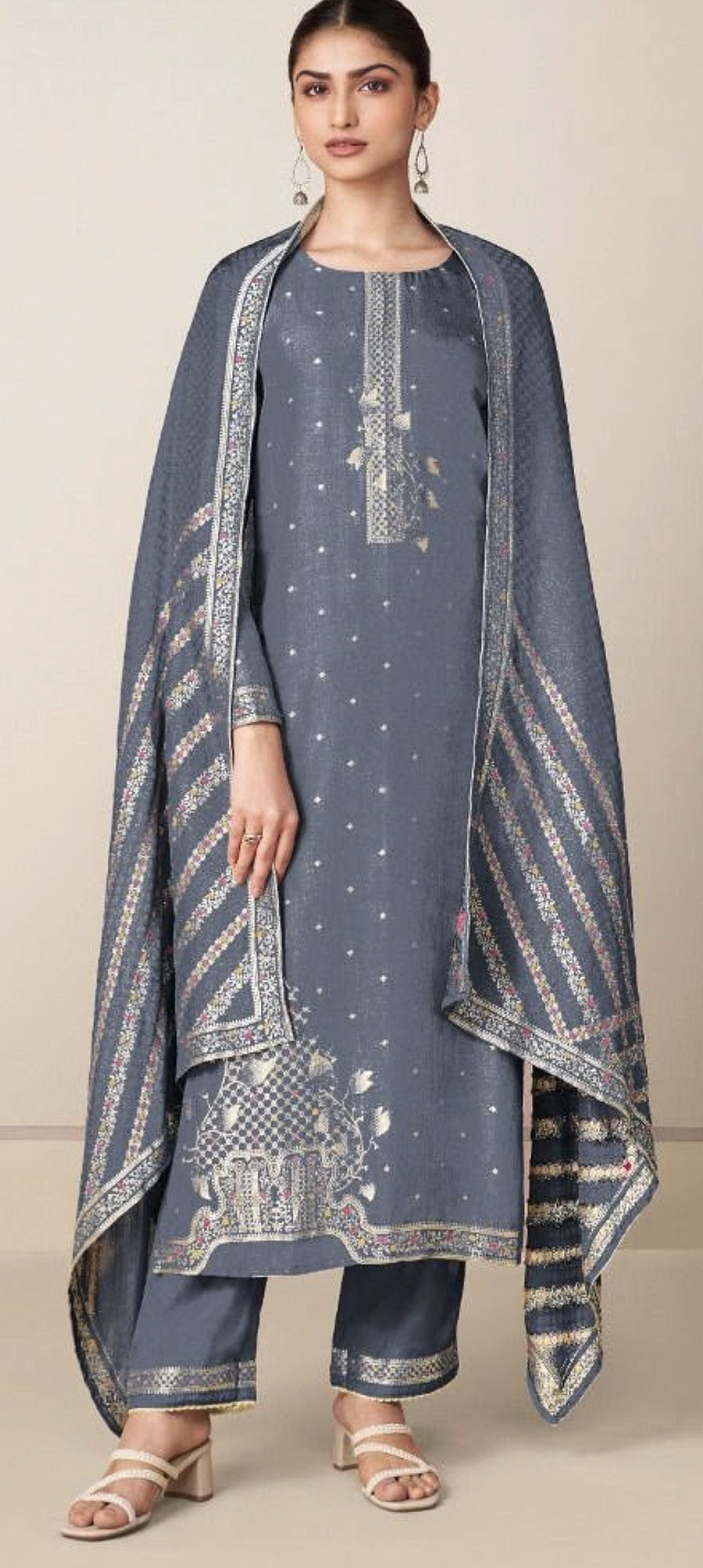 Slate-grey jacquard suit with a zari-bordered striped dupatta