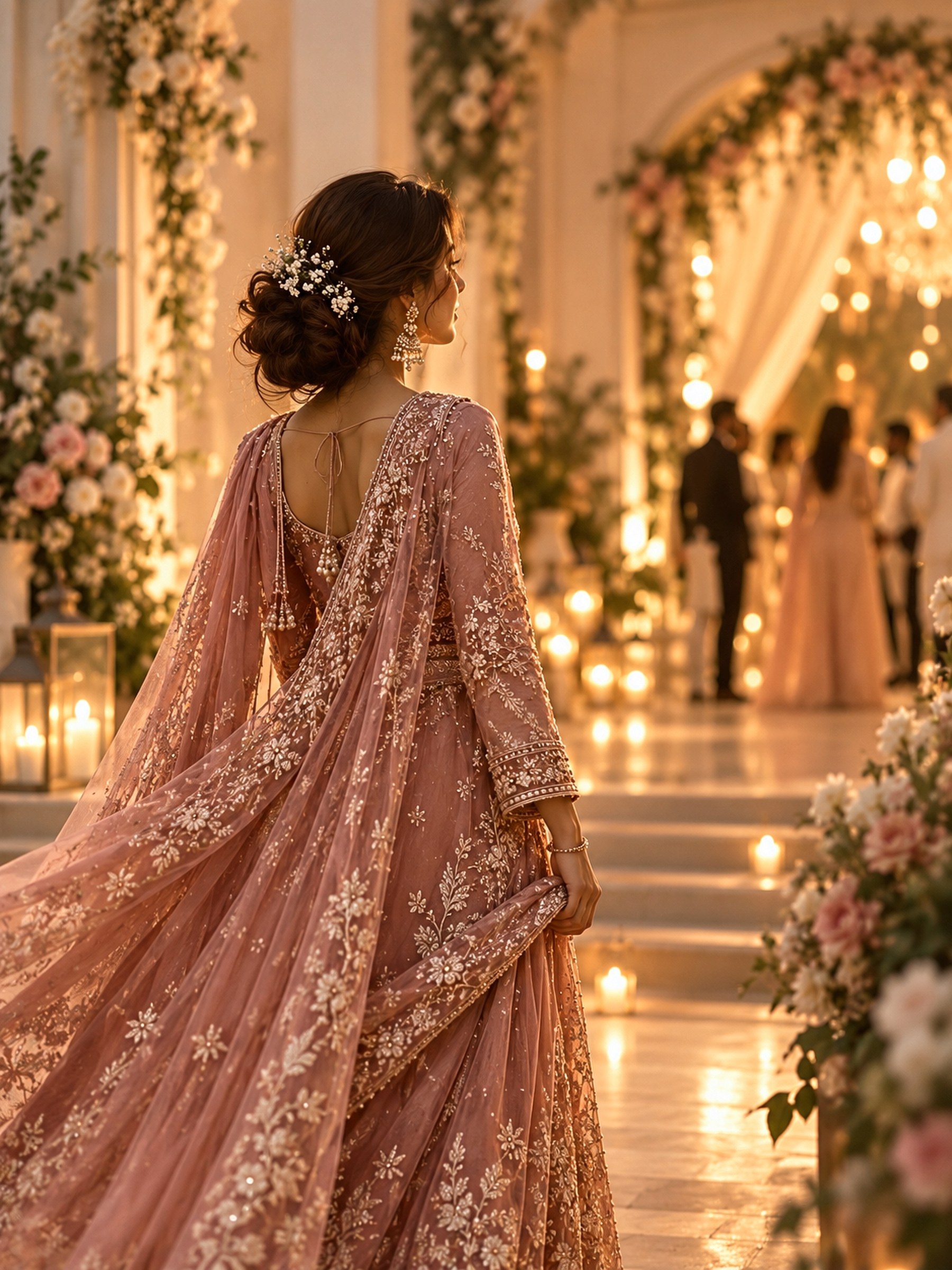 A woman in a flowing blush embroidered suit walking into a candlelit floral celebration