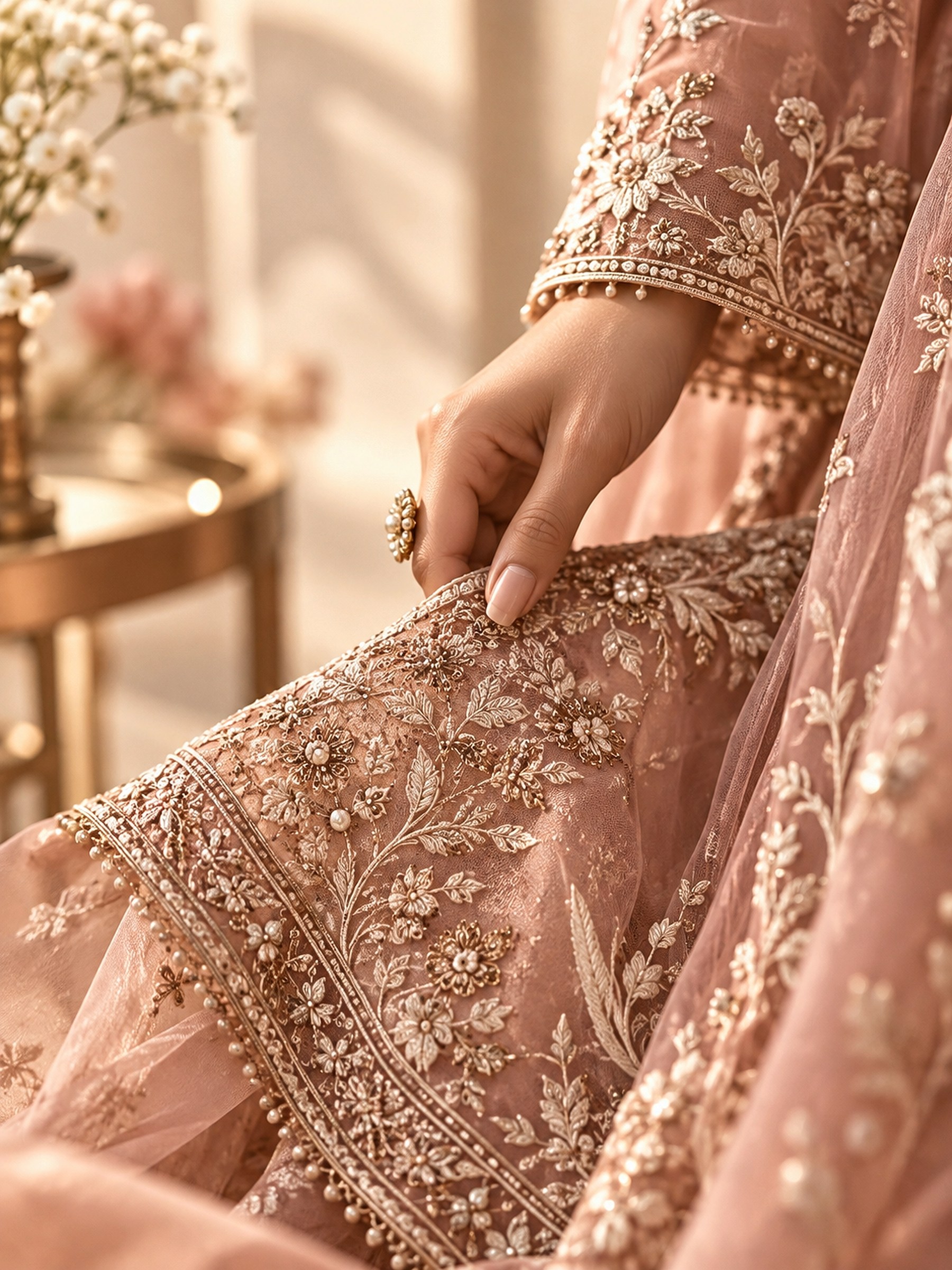 A hand resting on a blush dupatta with pearl and floral threadwork