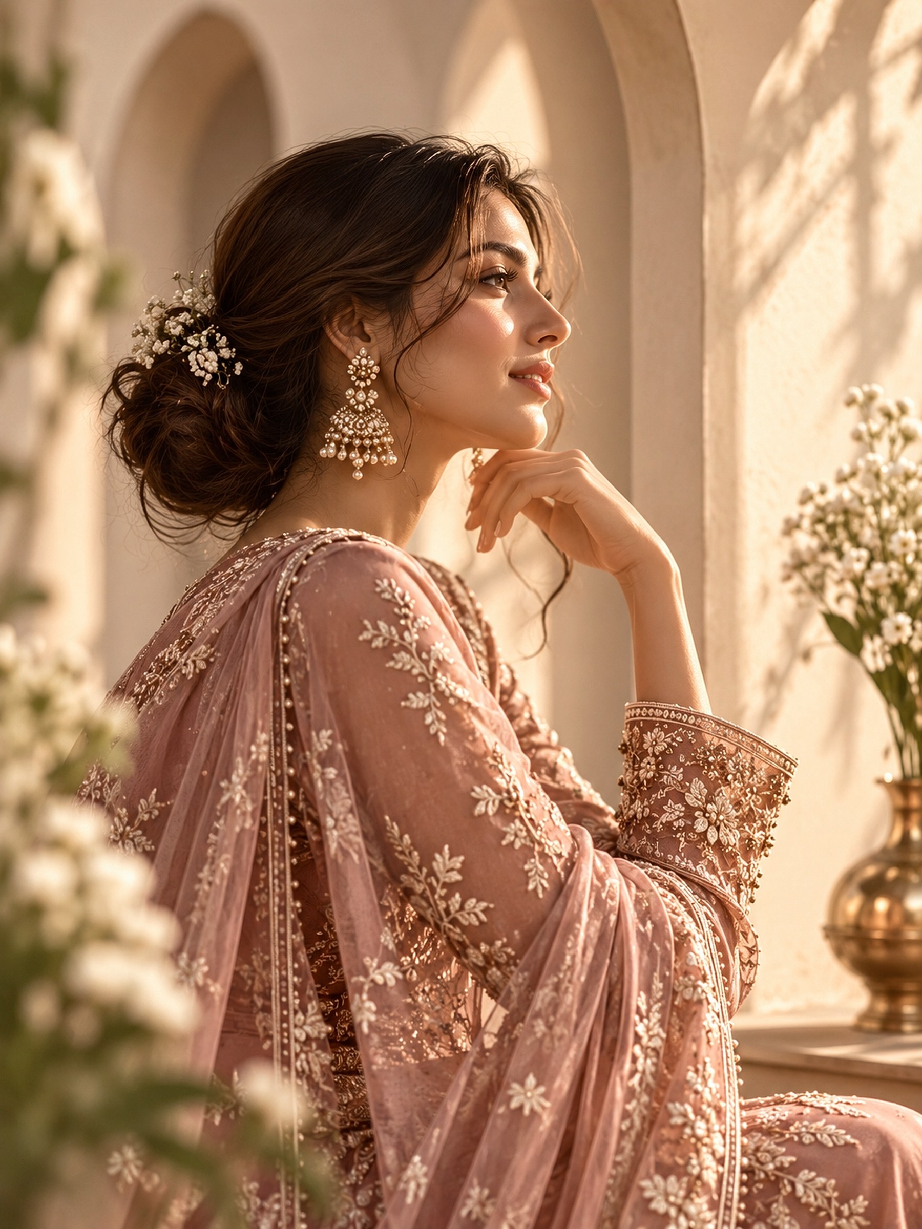 A woman in a blush embroidered suit and pearl jhumkas, resting her chin on her hand in soft sunlight